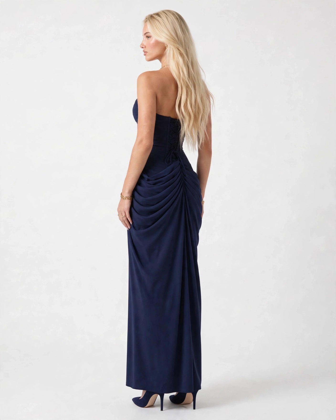 Seraphine navy draped corset column maxi gown, side view