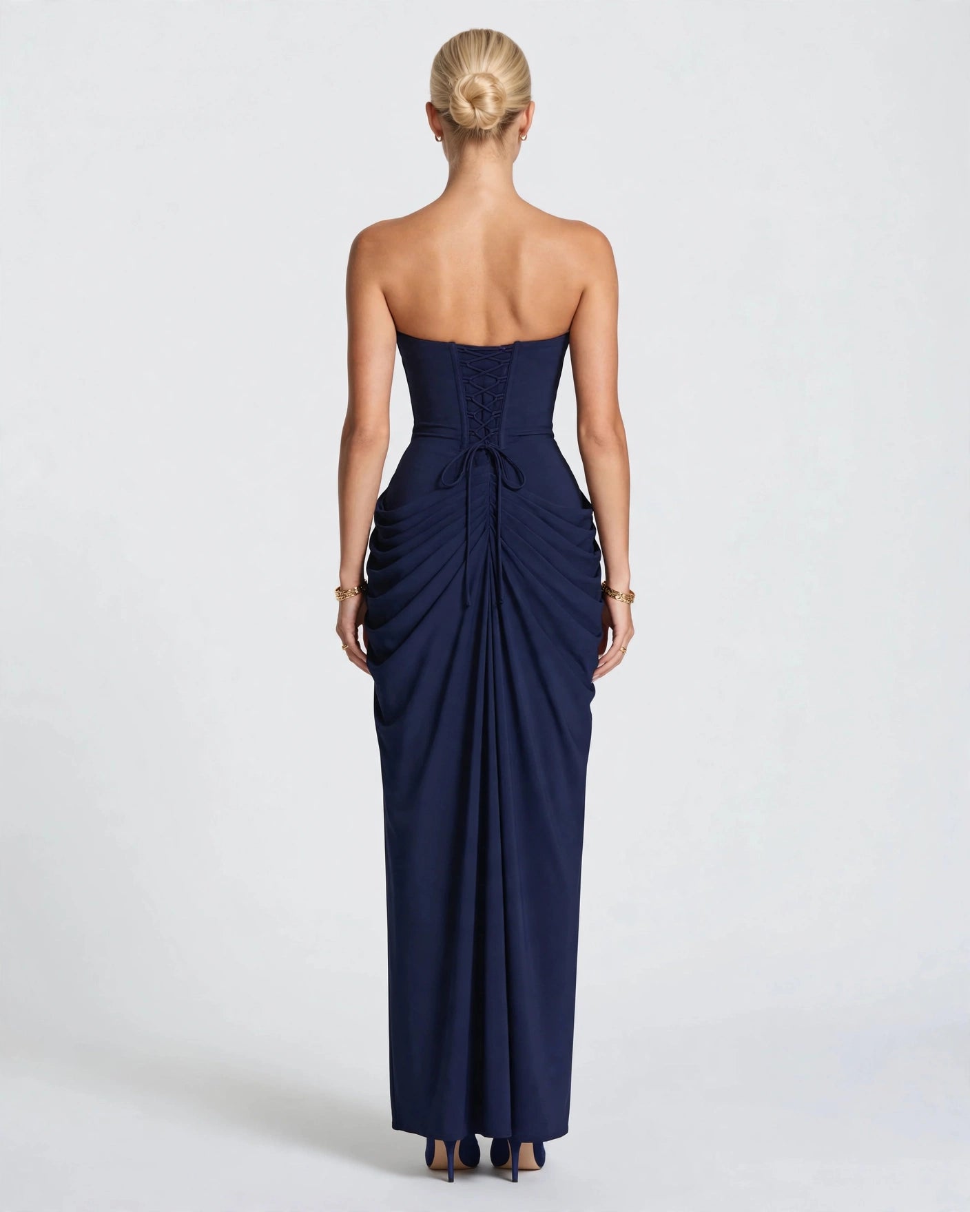 Seraphine navy draped corset column maxi gown, back view