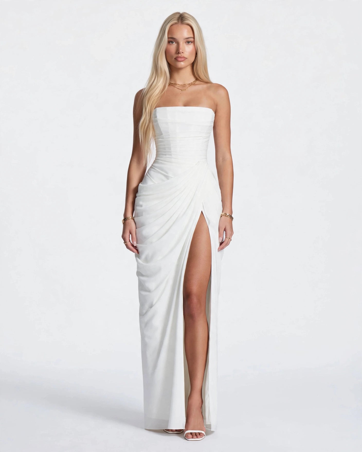 Seraphine white strapless pleated maxi dress with sculpted corset bodice, front view