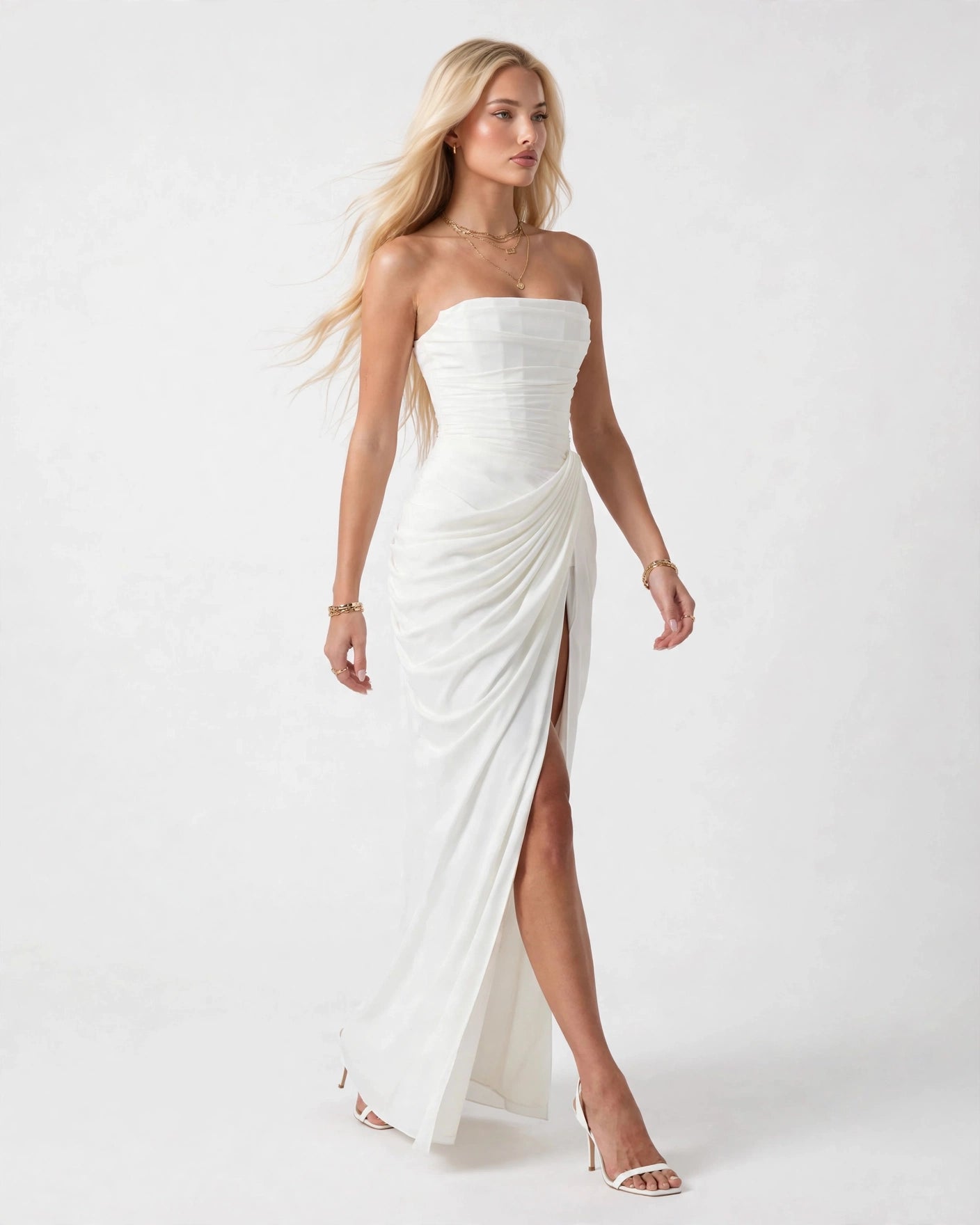 Seraphine white strapless pleated maxi dress, front view