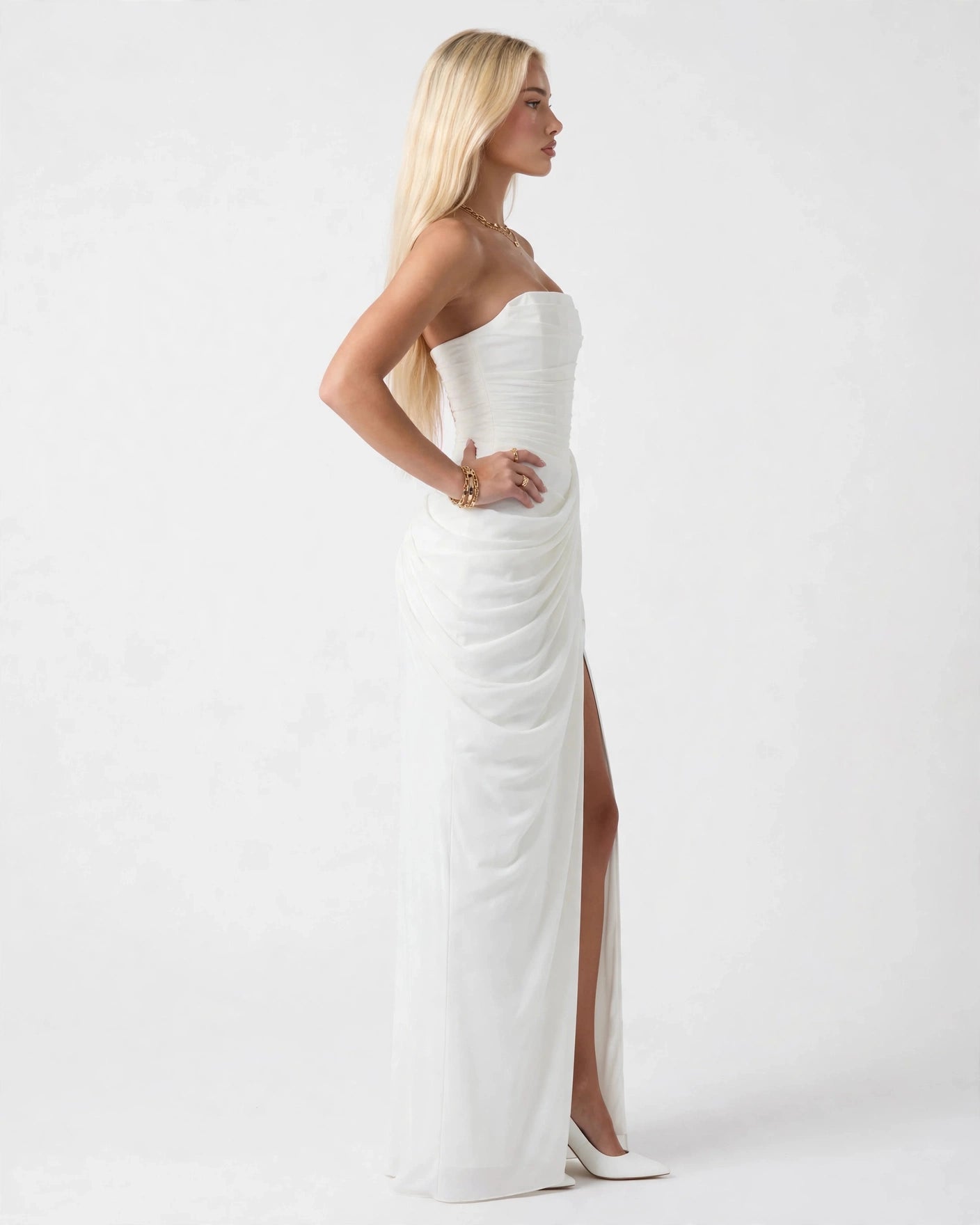 Seraphine white strapless pleated maxi dress, side view
