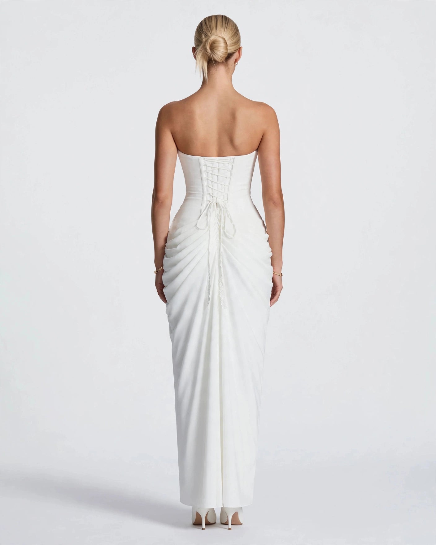 Seraphine white strapless pleated maxi dress corset lacing, back view