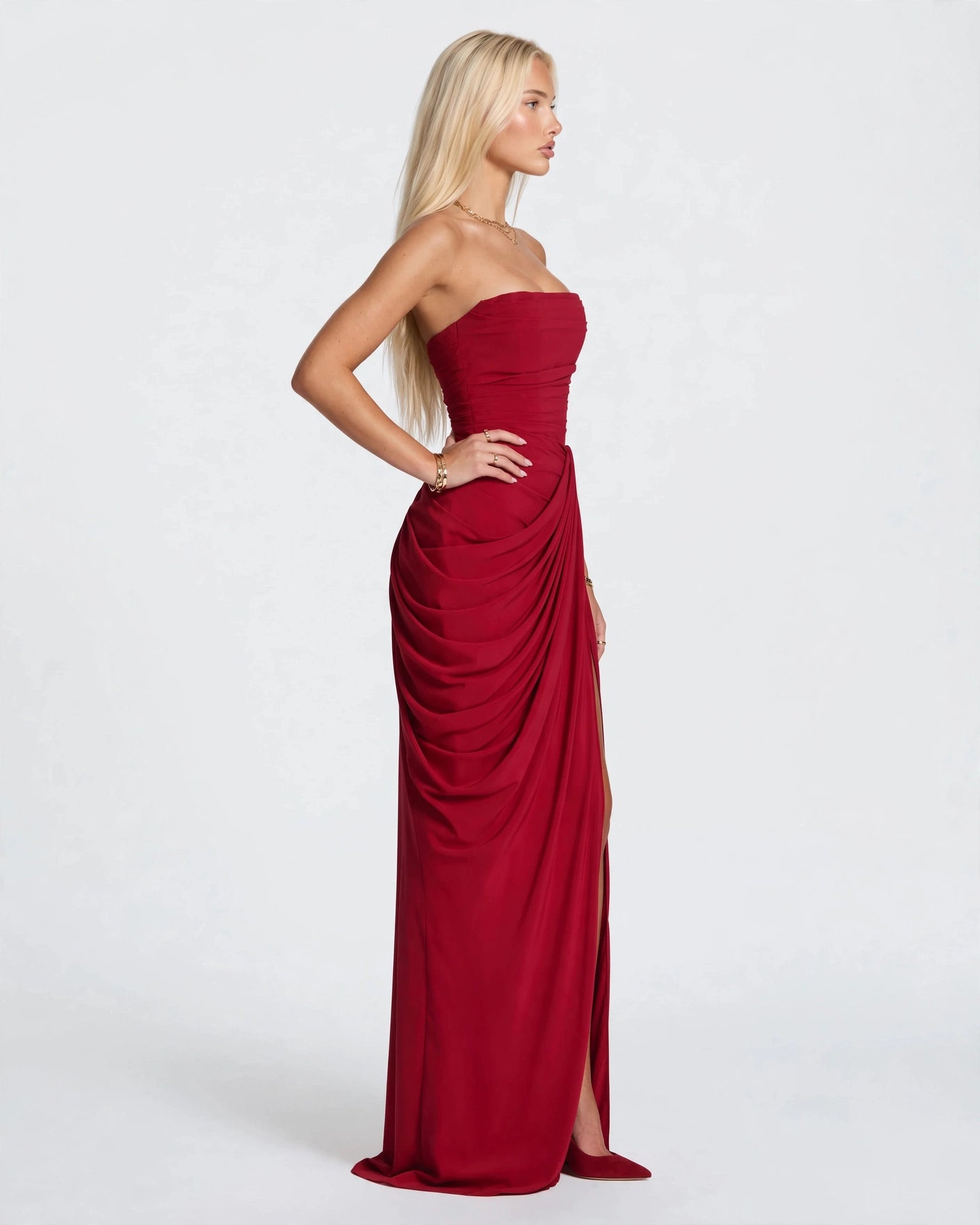 Seraphine wine red corset maxi gown, side view
