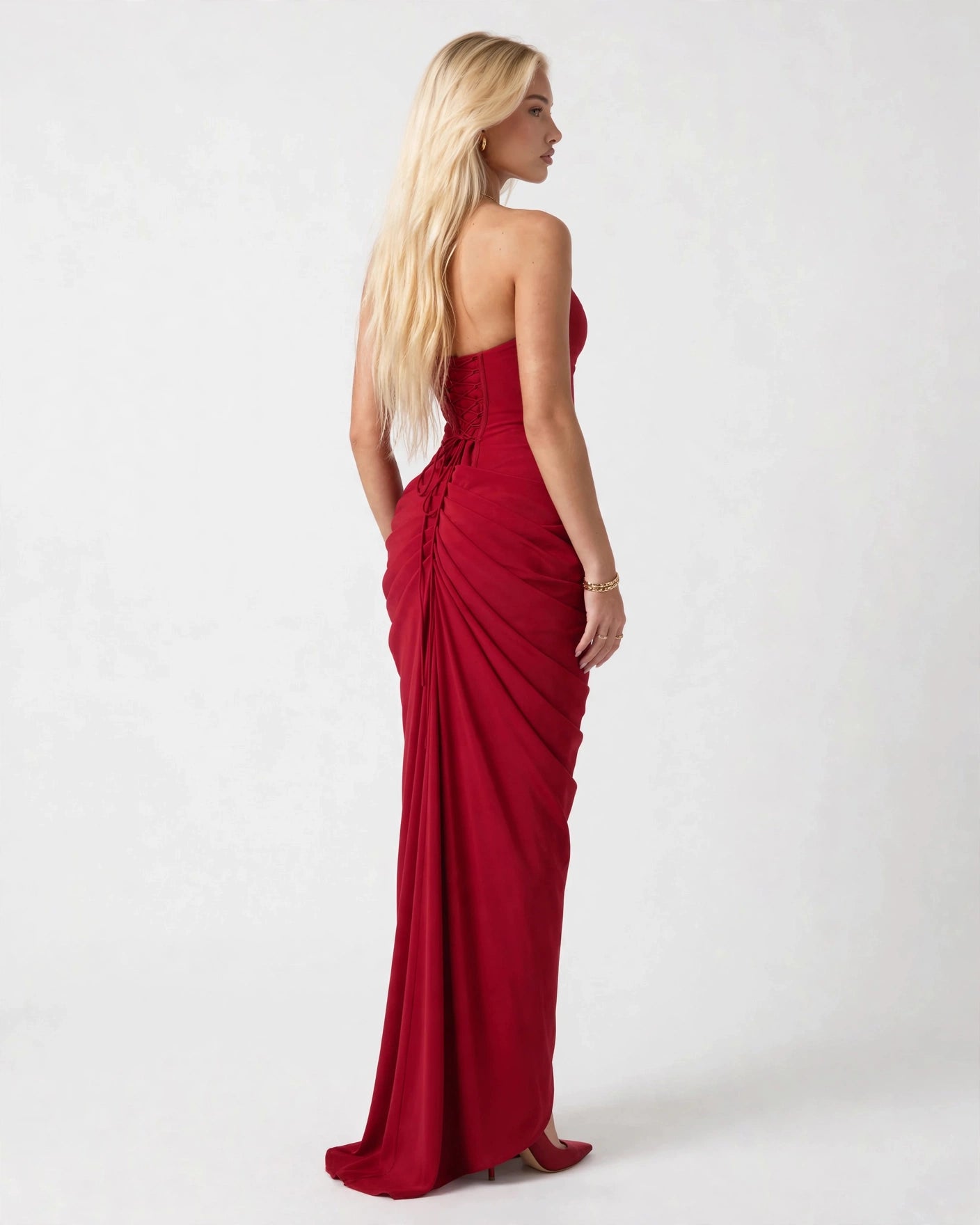 Seraphine wine red corset maxi gown, three-quarter back view