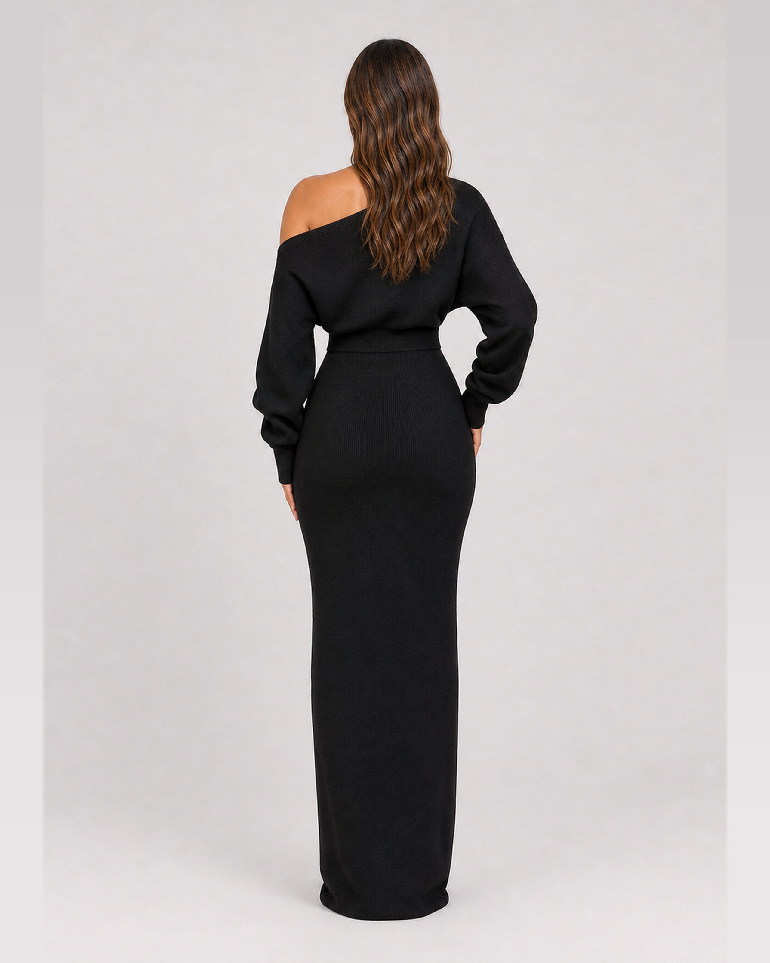 Odette black knit maxi dress, straight back view
