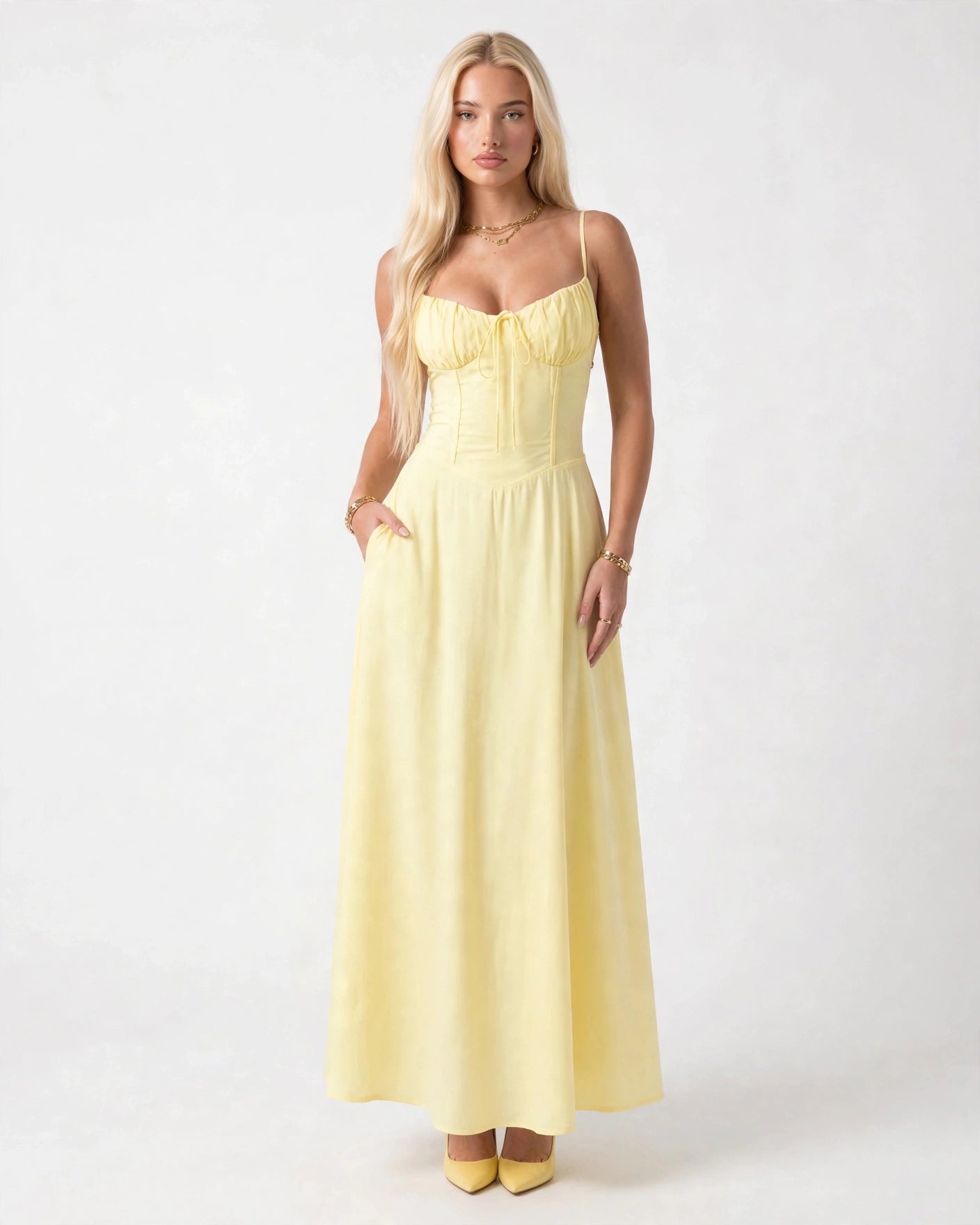 Soleil butter yellow lace-up corset midi dress, front view