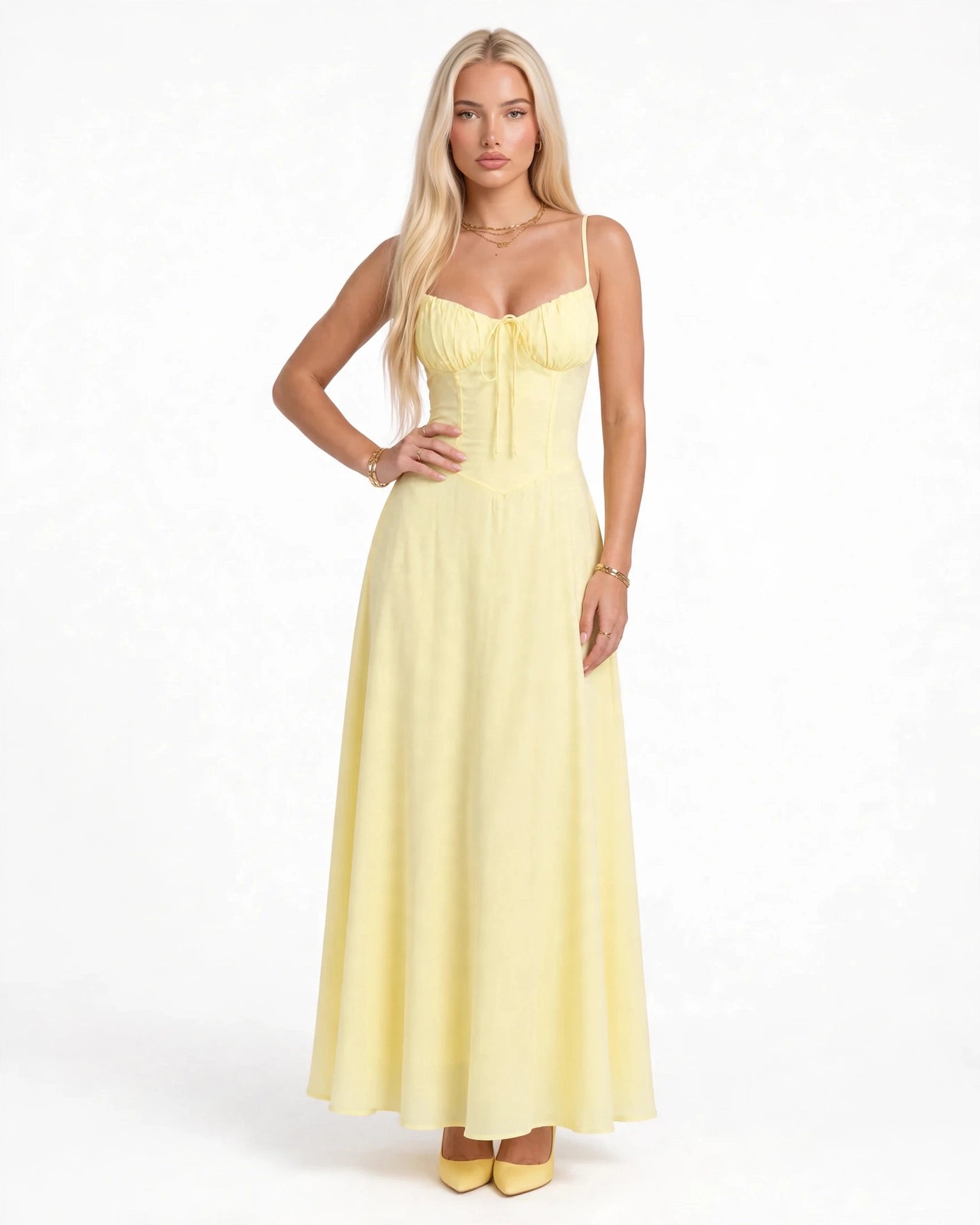 Soleil butter yellow lace-up corset midi dress, front view