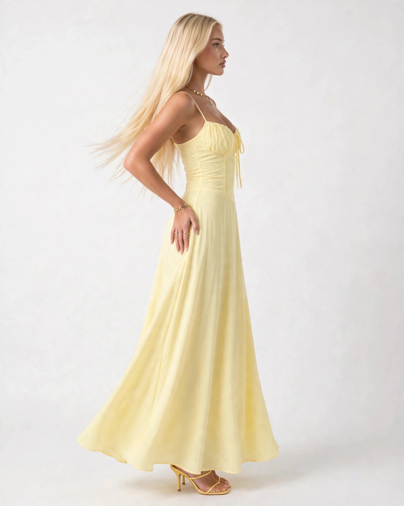 Soleil butter yellow lace-up corset midi dress, side view