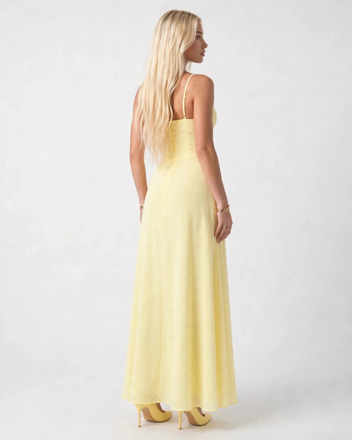 Soleil butter yellow lace-up corset midi dress, back view