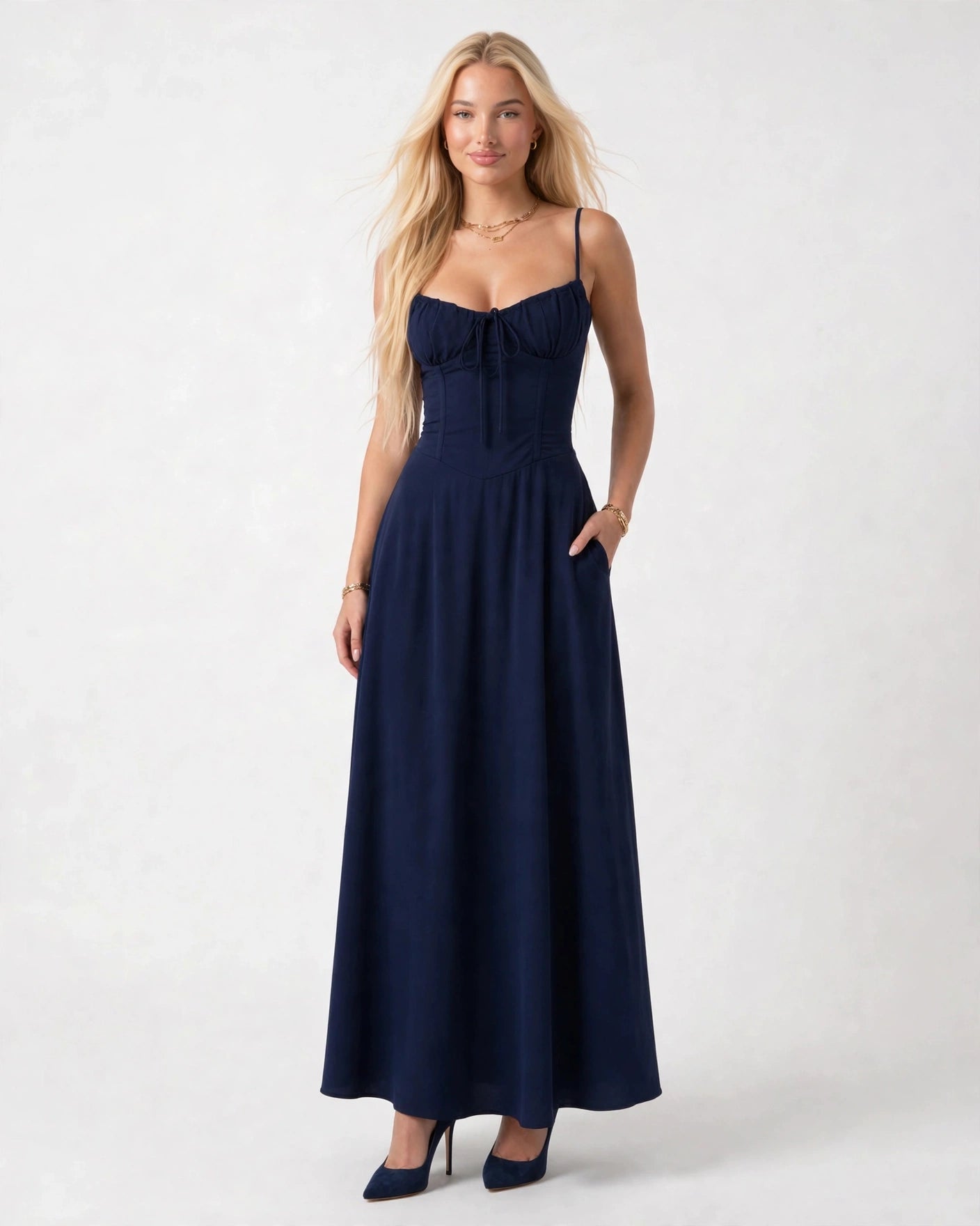 Soleil dark blue lace-up corset midi dress, front view