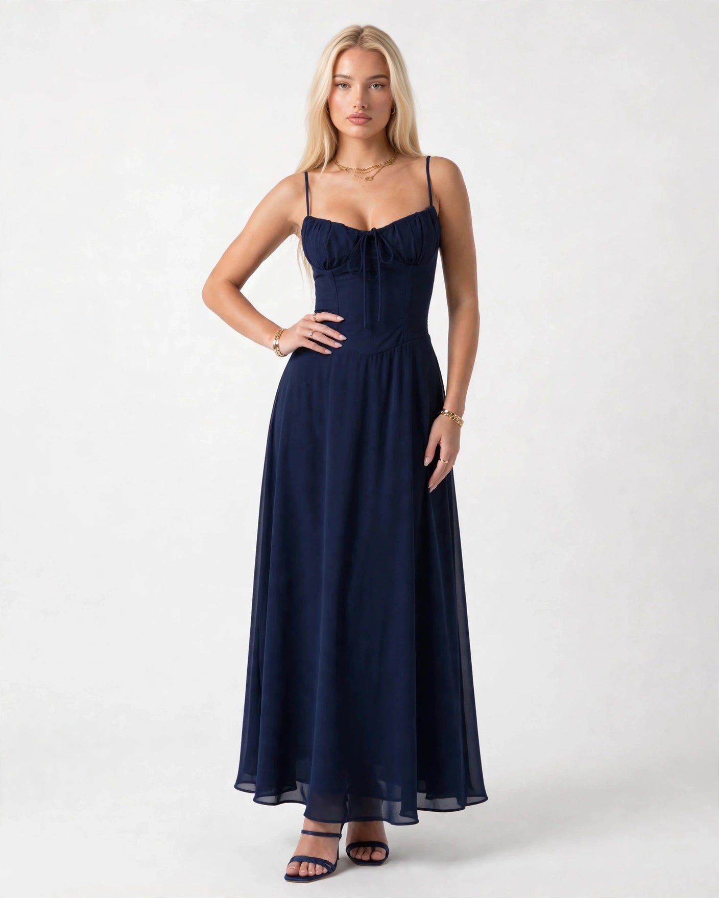 Soleil dark blue lace-up corset midi dress, front view
