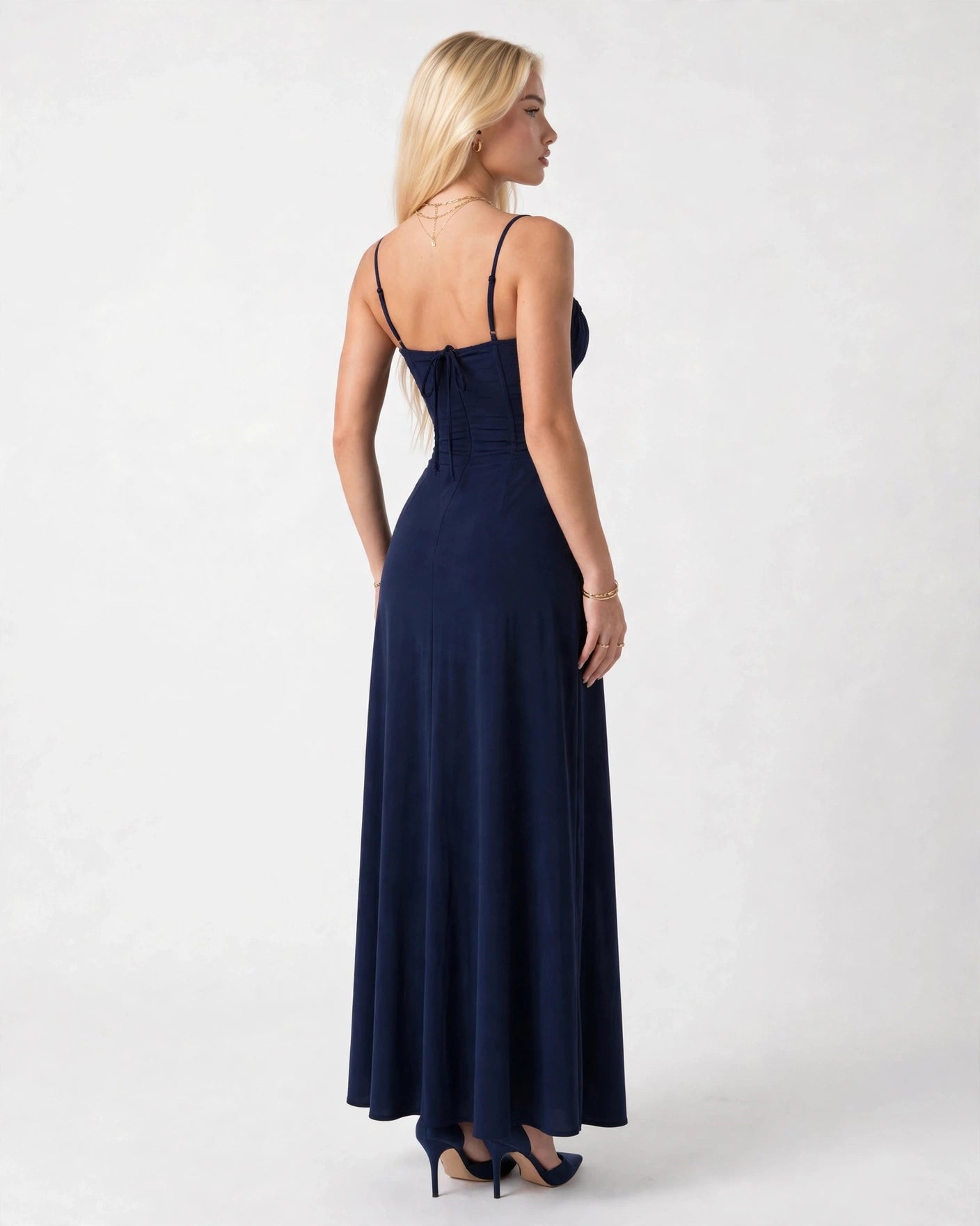 Soleil dark blue lace-up corset midi dress, back view