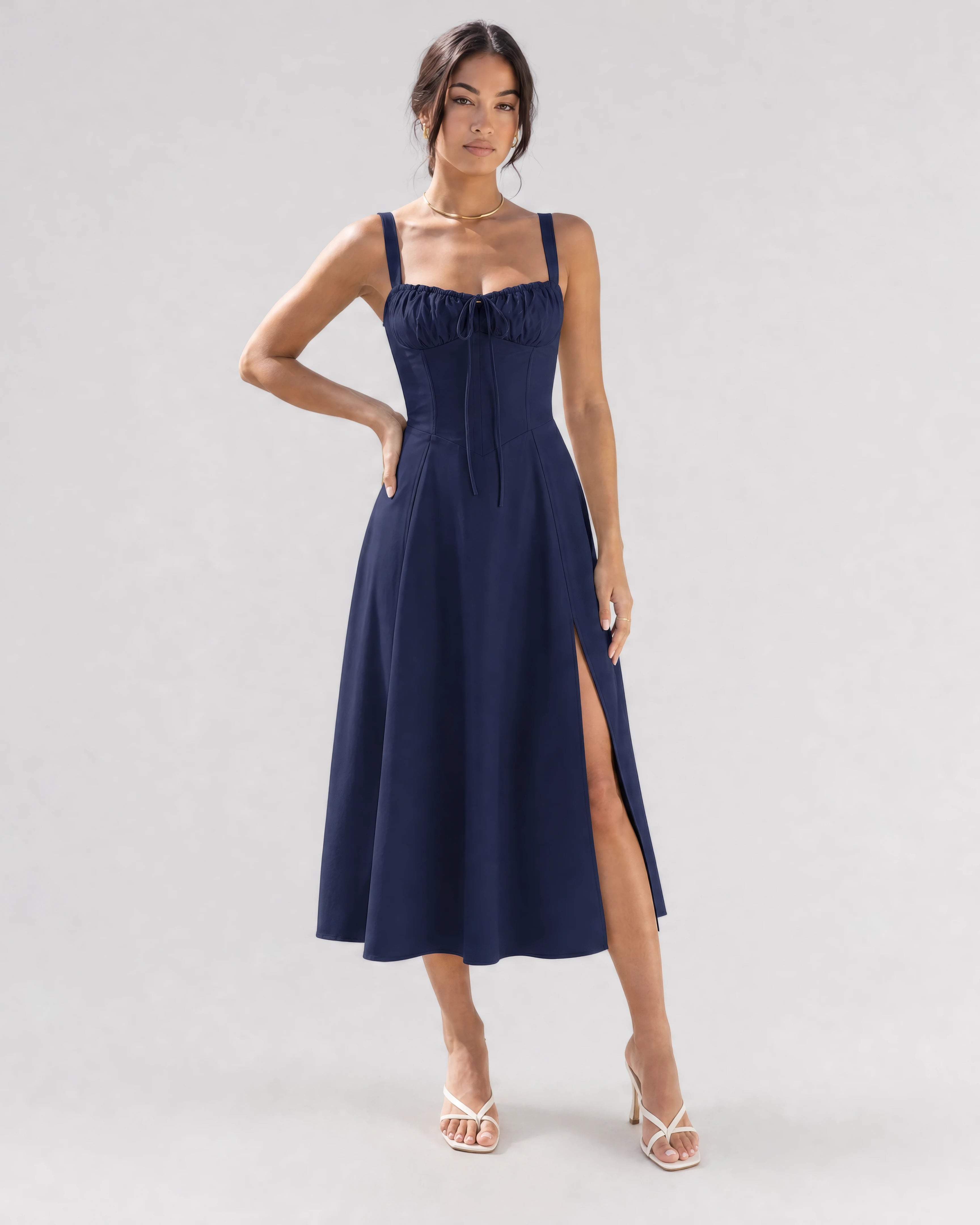 Soleil lace-up corset midi dress in dark blue, studio