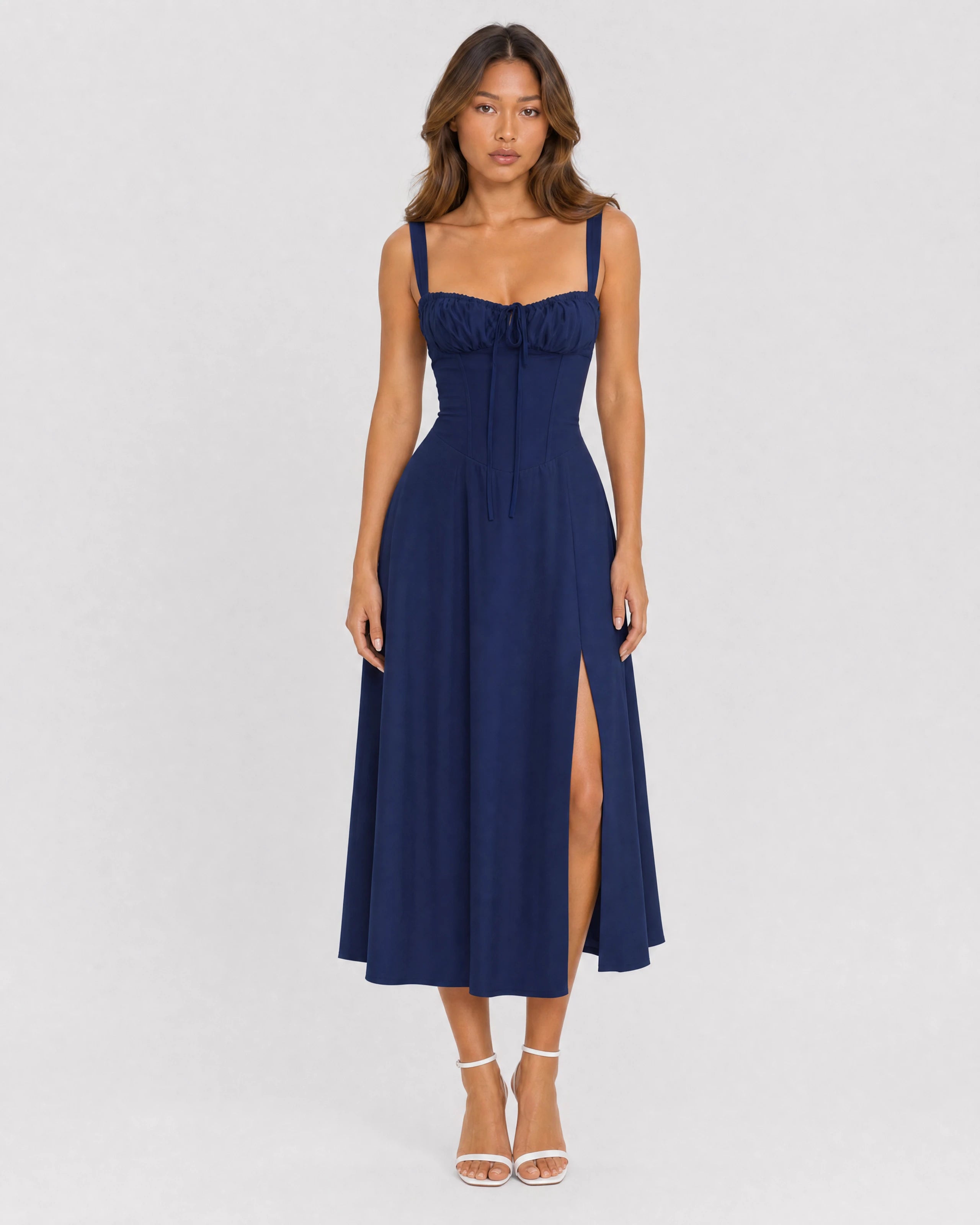 Soleil lace-up corset midi dress in dark blue, front studio