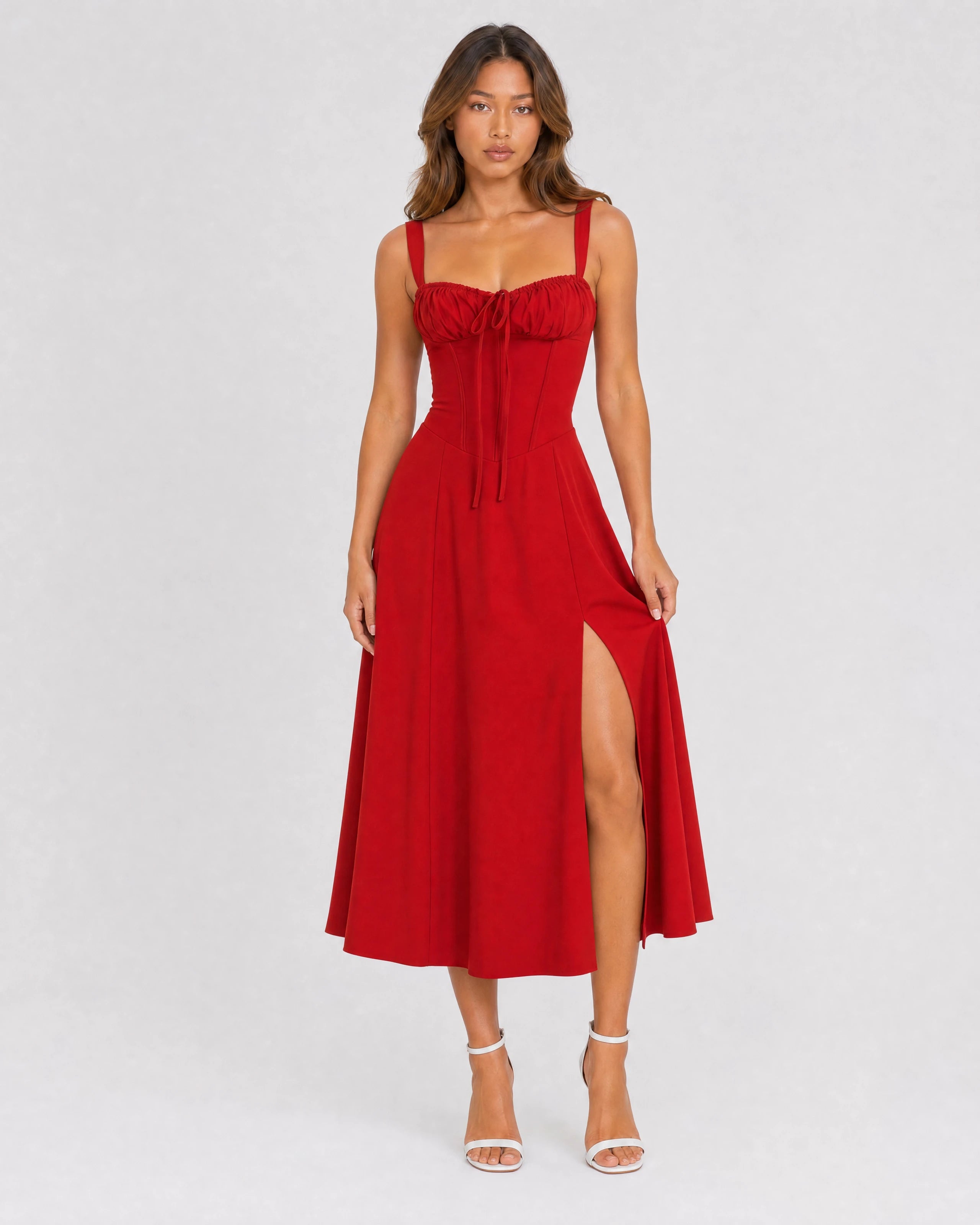 Soleil lace-up corset midi dress in red, front variant