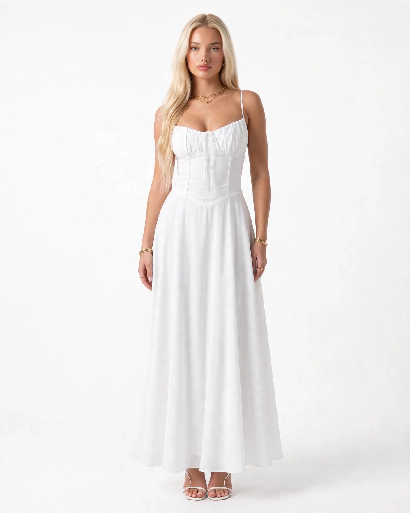 Soleil white lace-up corset midi dress, front view