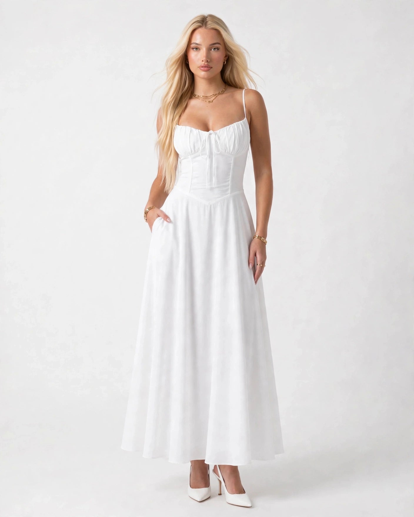 Soleil white lace-up corset midi dress, side view