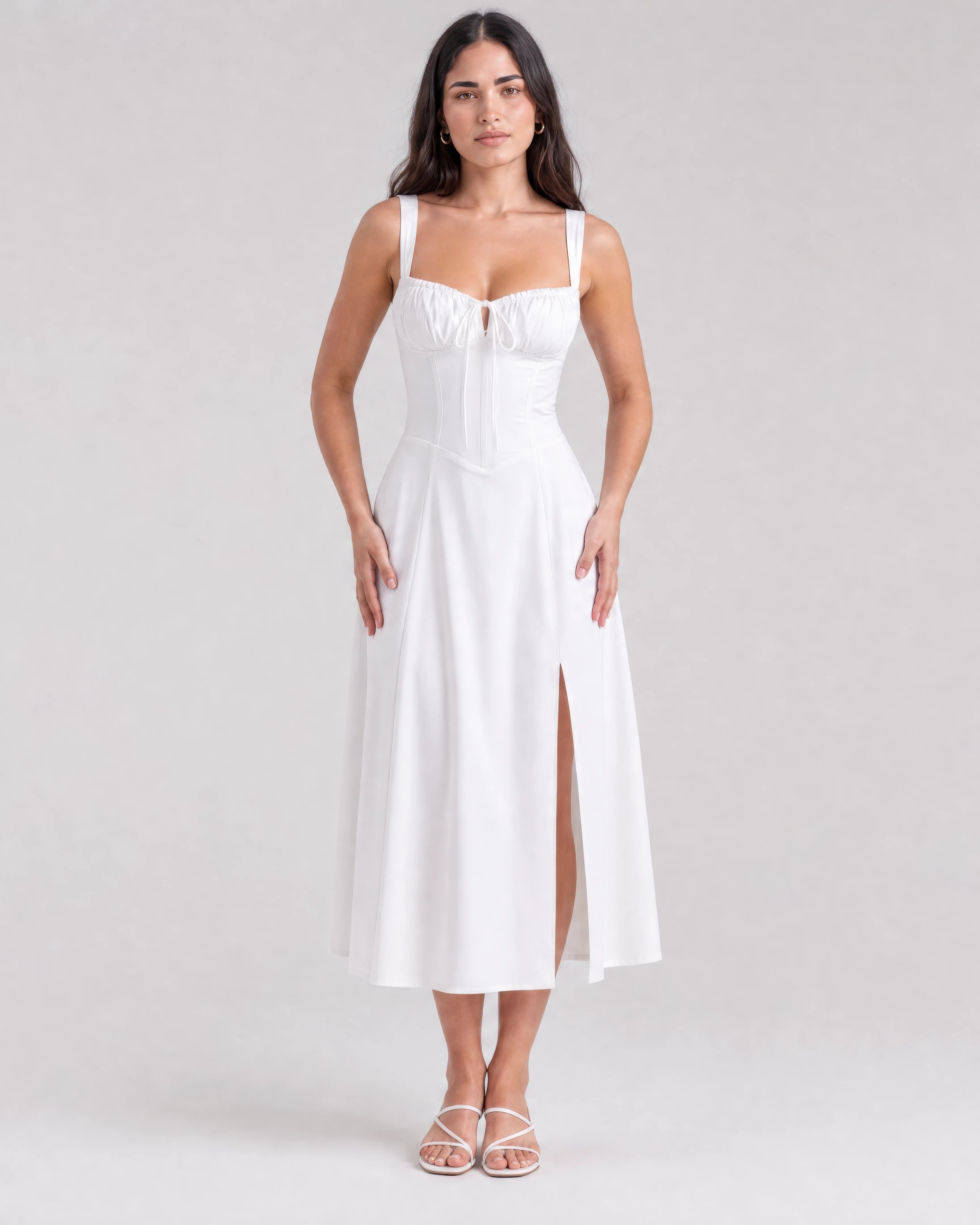 Soleil lace-up corset midi dress in white, studio