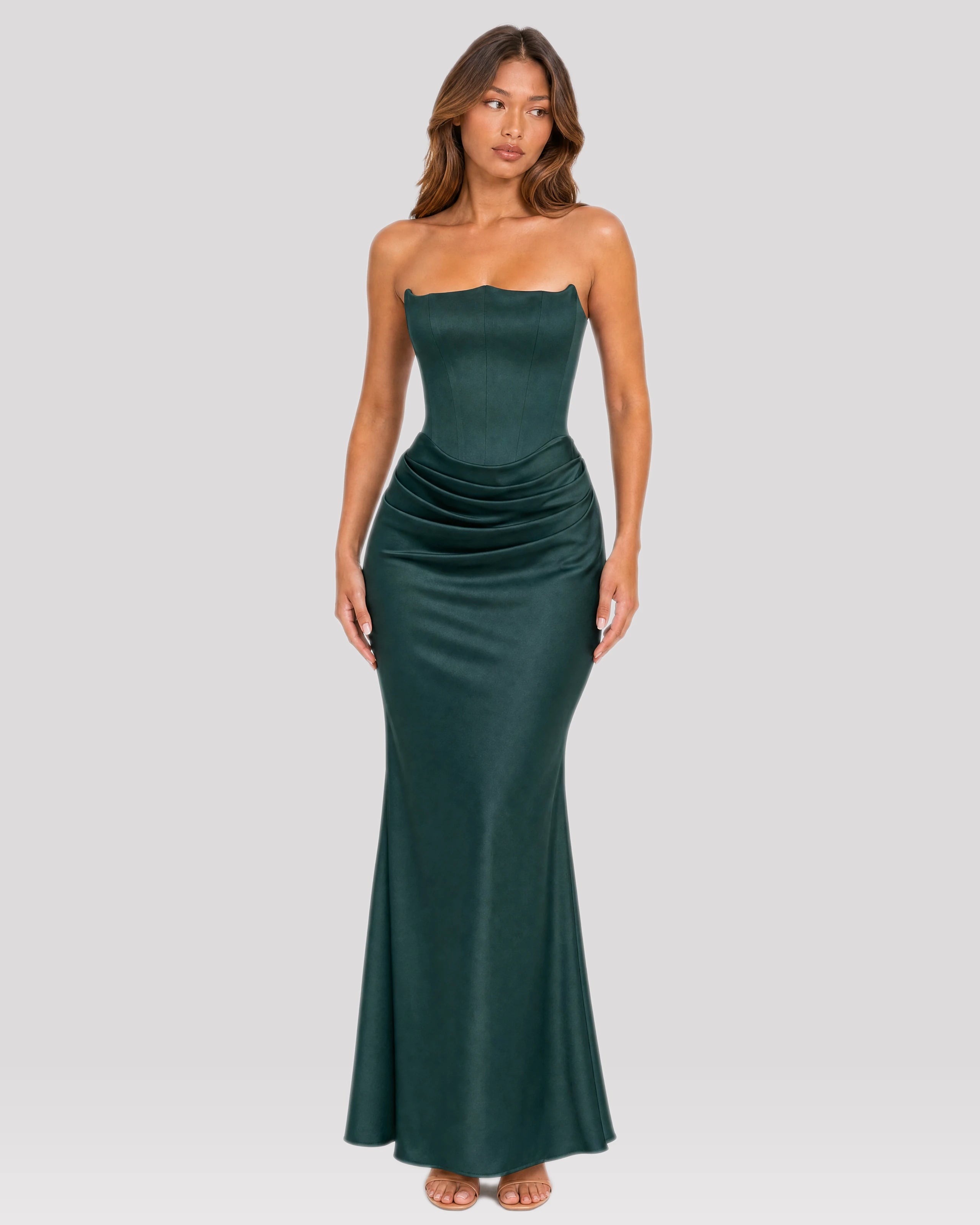 Ondine Forest Green satin maxi dress, front view