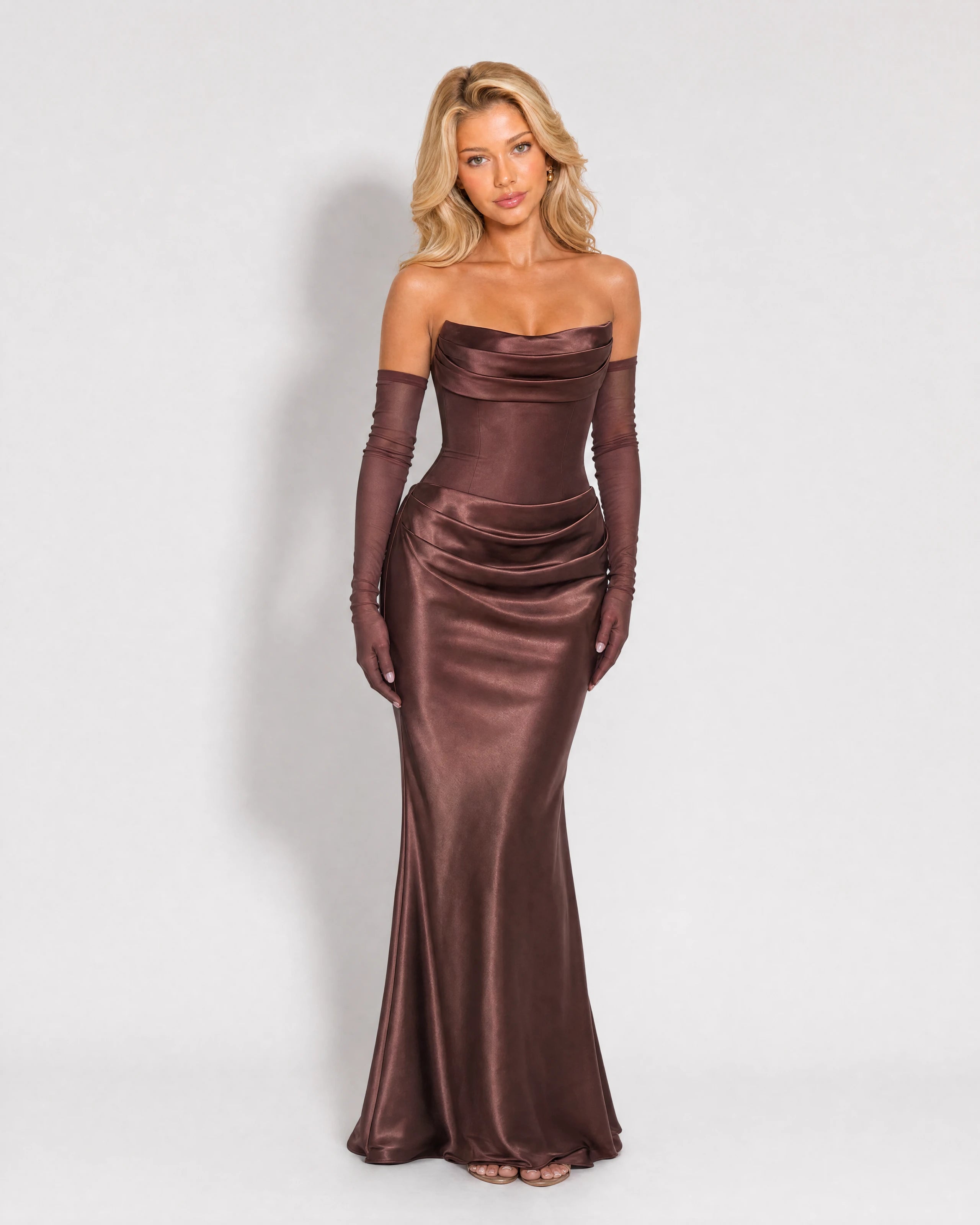 Valentina chocolate satin cowl maxi dress with opera gloves - front