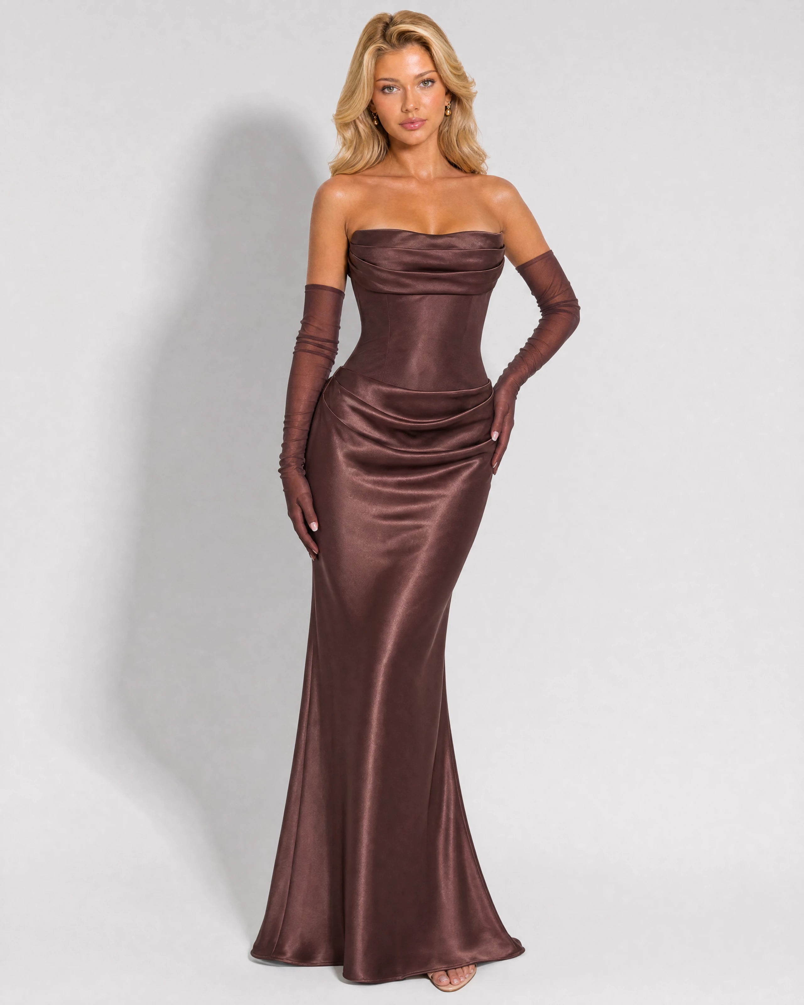 Valentina chocolate satin maxi dress - front three-quarter
