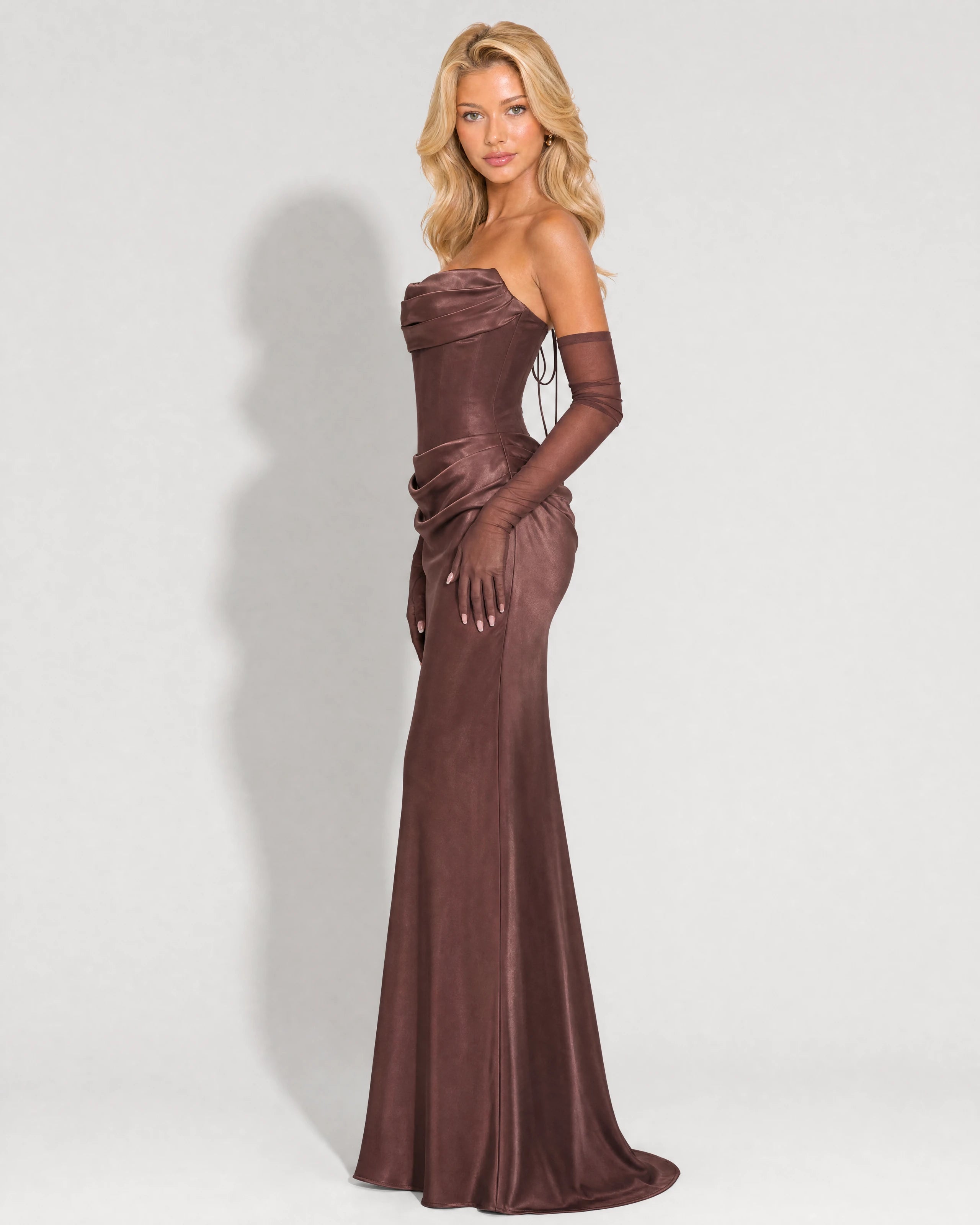 Valentina chocolate satin maxi dress - side profile