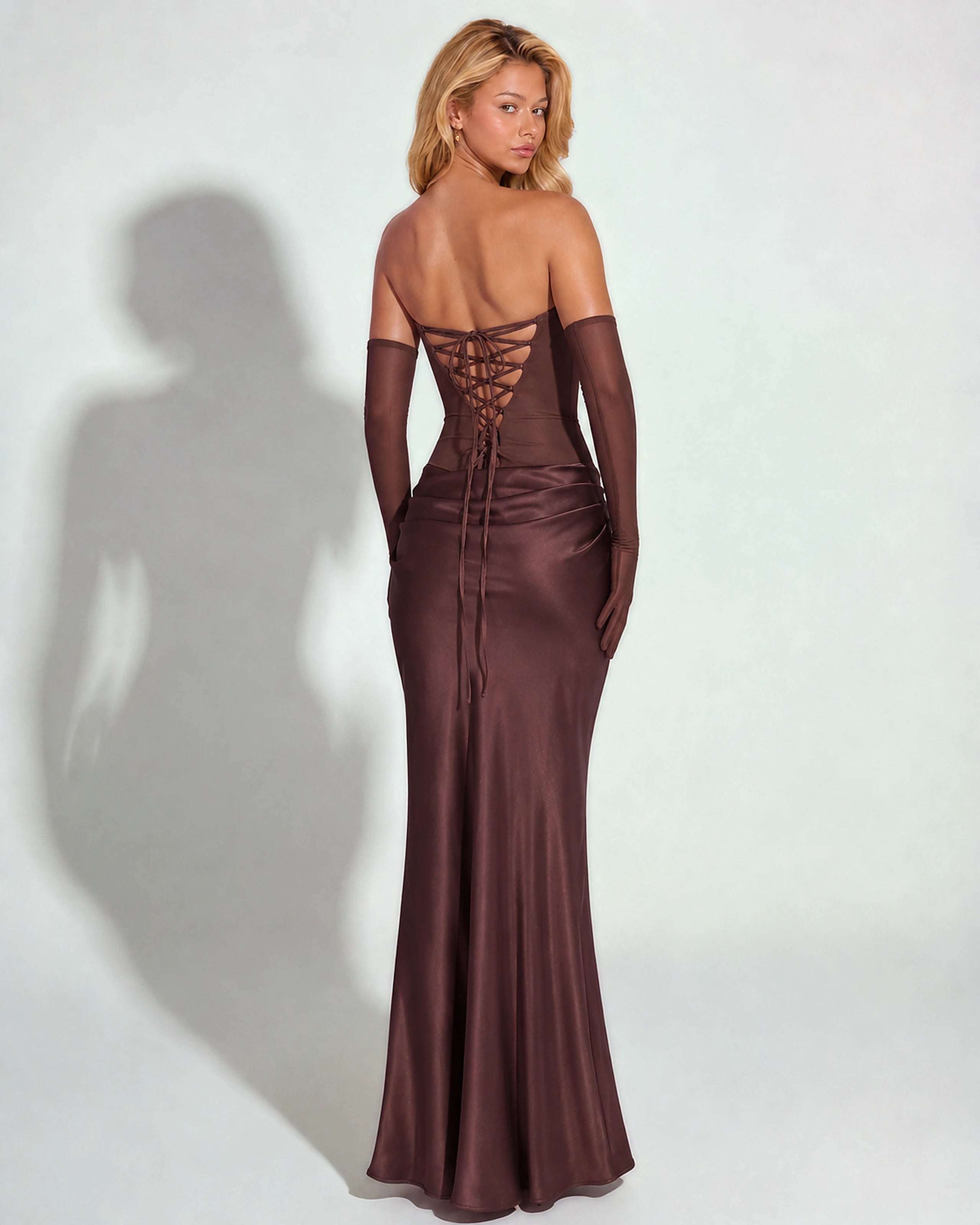 Valentina chocolate satin maxi dress - lace-up back